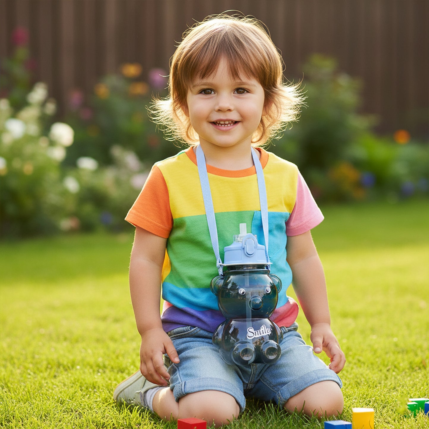 Kids Cartoon Bear Water Bottle with Straw & Shoulder Strap (1 Pc)