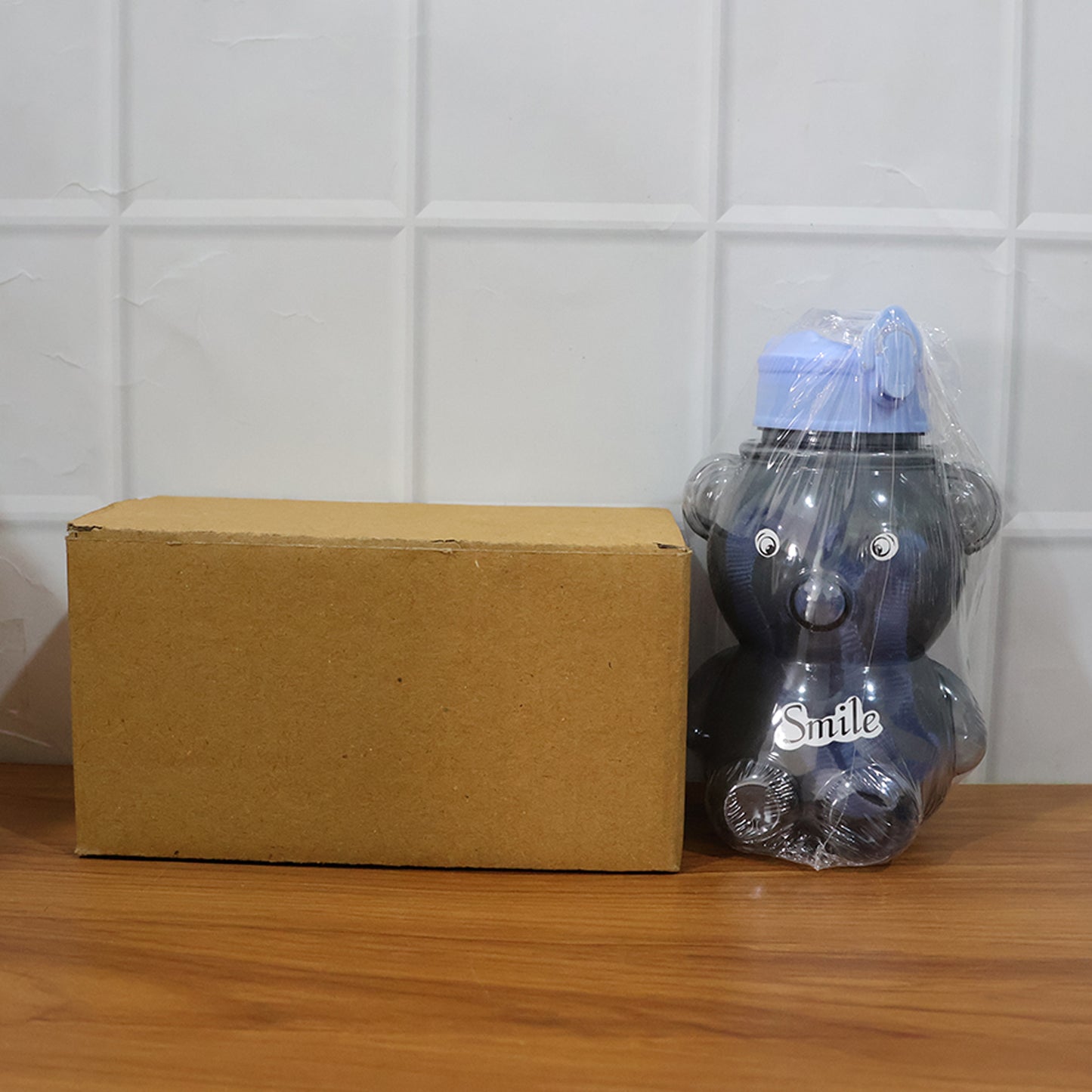 Kids Cartoon Bear Water Bottle with Straw & Shoulder Strap (1 Pc)