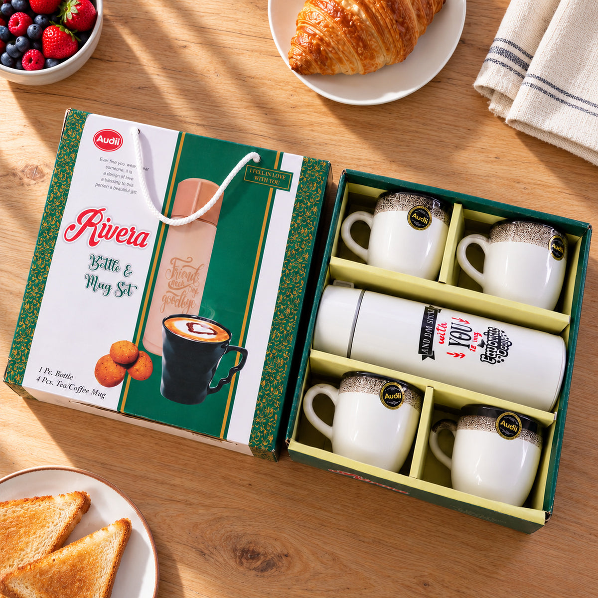 Bottle and Mug Gift Set, 1 Flask Bottle with 4 Tea Coffee Mugs (5 Pc Set)