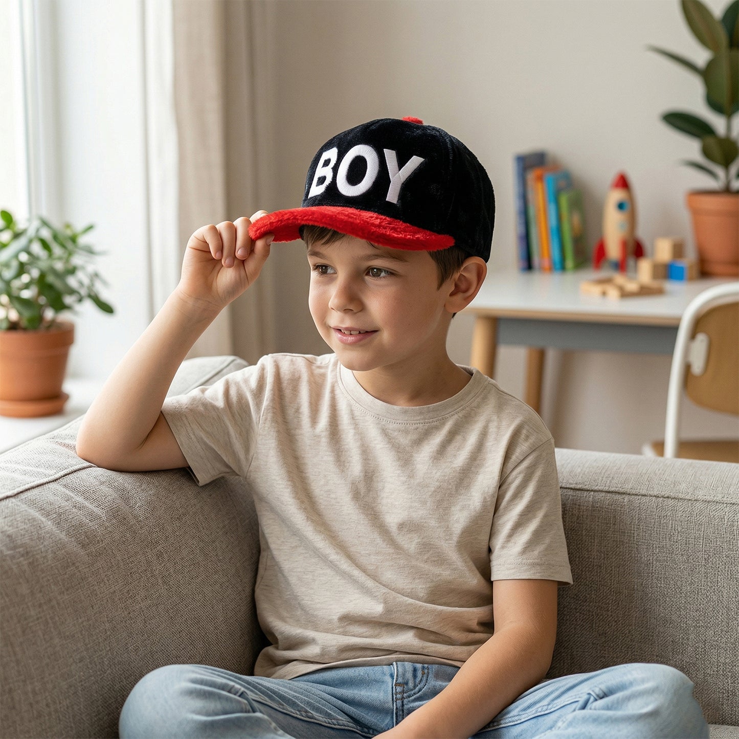 Boys winter printed cap front view