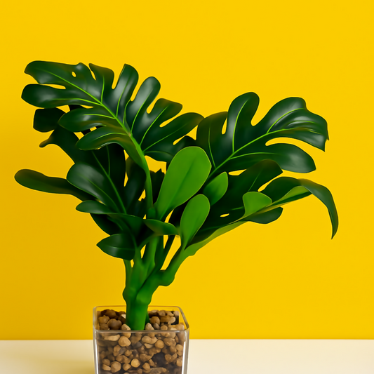 Artificial Monstera Plant with Decorative Pot – Realistic Faux Tropical Green Leaves | Indoor Home Office Desk Décor | Low Maintenance Tabletop Decoration