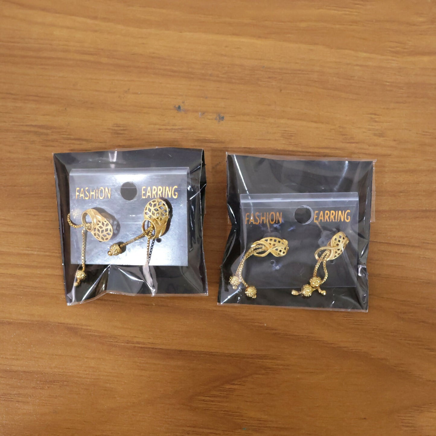 Vintage Inspired Geometric Gold Drop Earrings with Triple Bead Chain Drops (2 Pair)