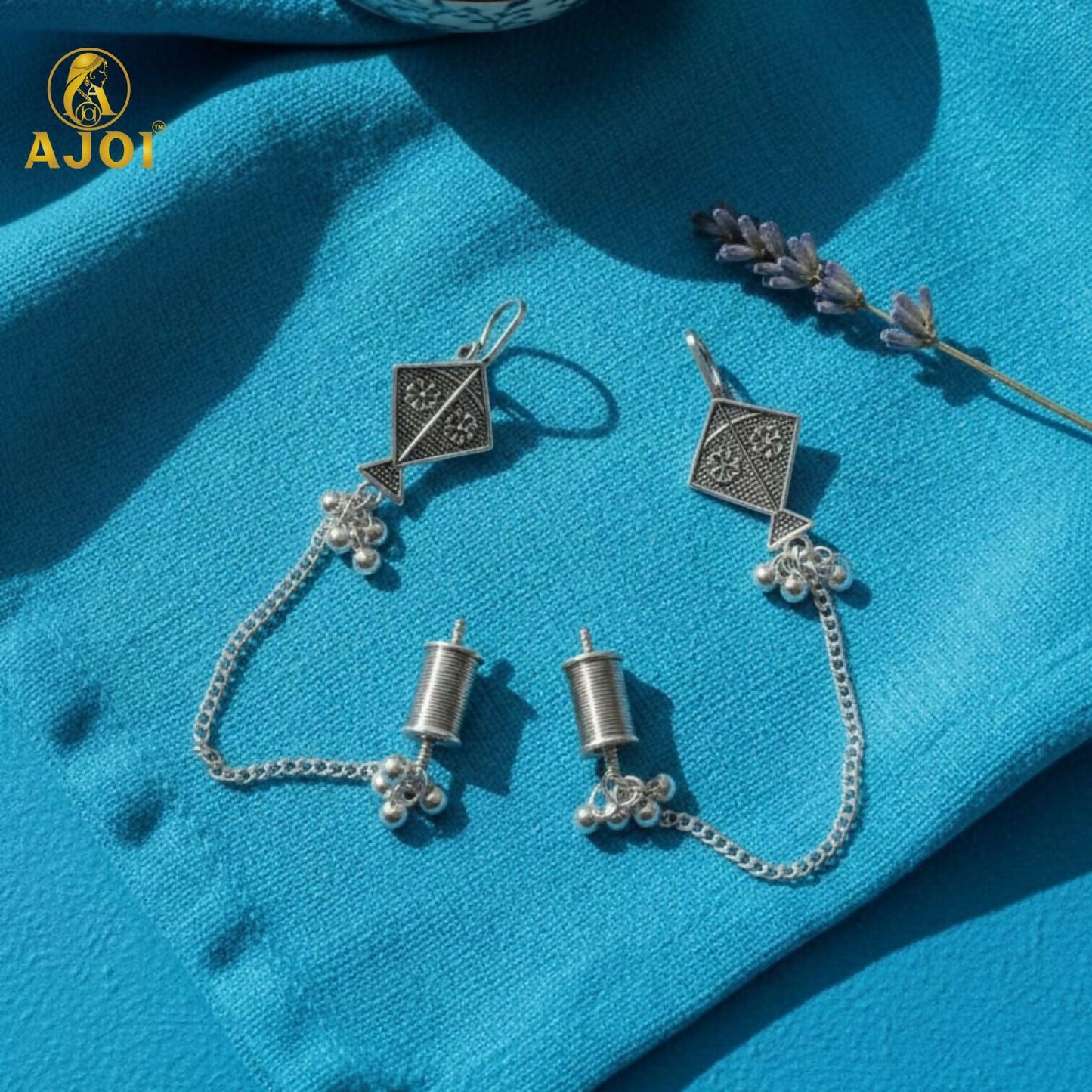 Ethnic Oxidised Silver Kite Design Earrings with Chain & Ghungroo for Women and Girls