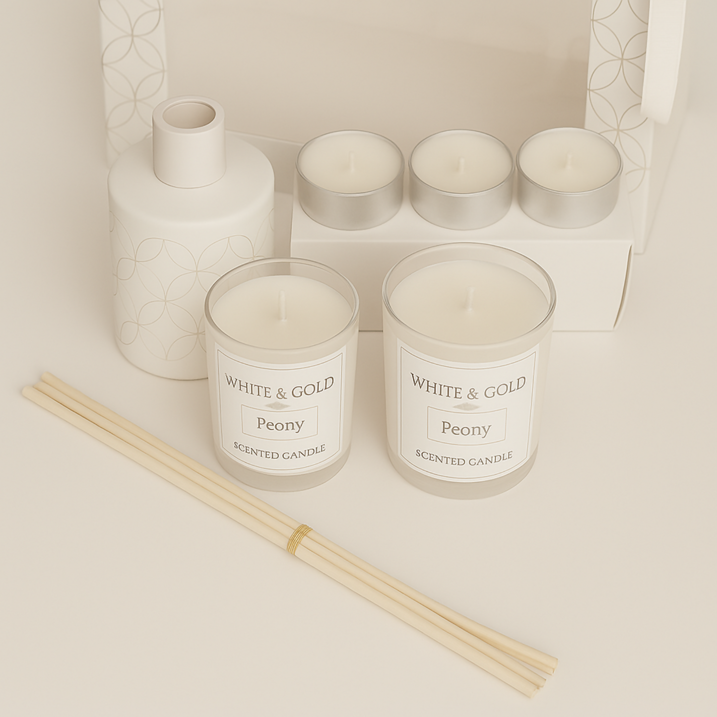 Luxury Peony Fragrance Gift Set – Foxy Home Fragrances White & Gold Collection | Scented Candle & Reed Diffuser Combo with Tealight Candles | Elegant Home Décor Gift Set for Women