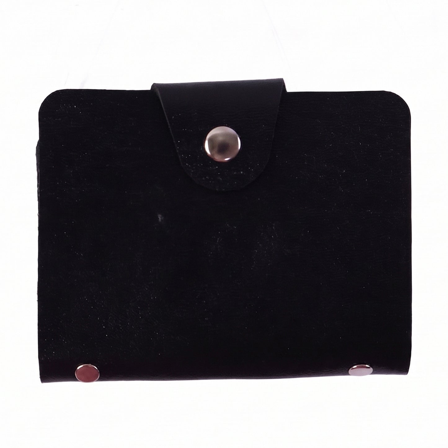 Elegant black card holder wallet with secure button closure.