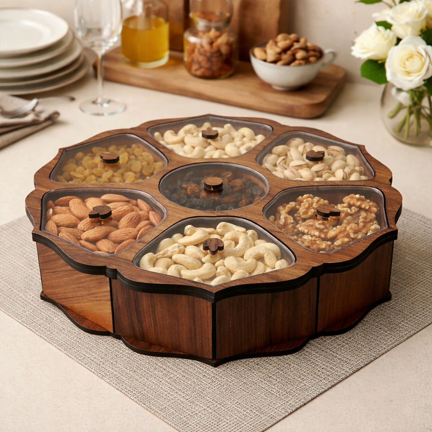 Wooden dry fruit storage box with 7 transparent compartments in floral design