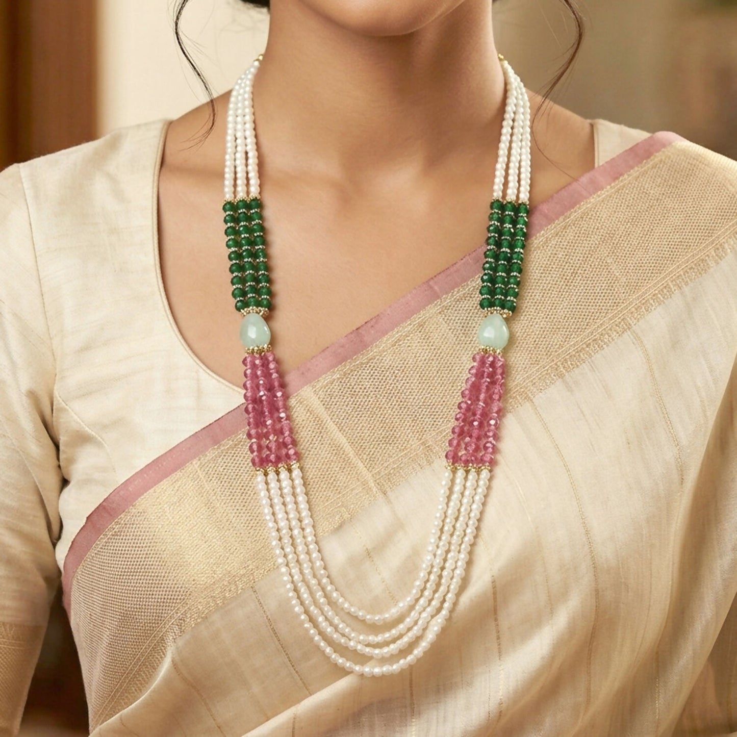 Elegant Multi-Layer Pearl Beaded Necklace with Green, Pink & Pastel Stone Accents