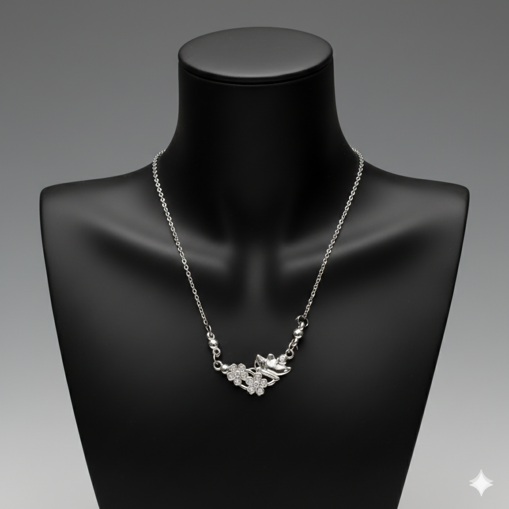 Silver Plated Butterfly & Crystal Floral Pendant Necklace For women and girls
