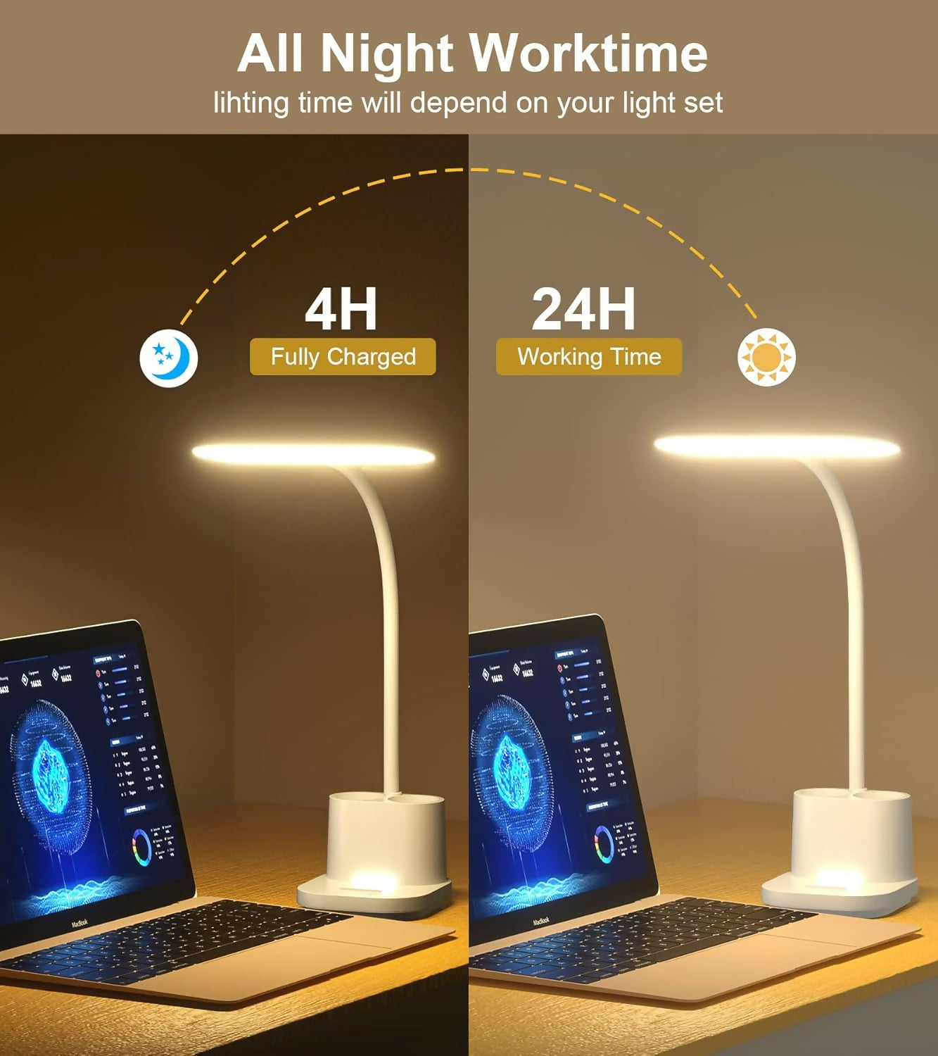 Office desk setup featuring LED lamp with pen and phone holder