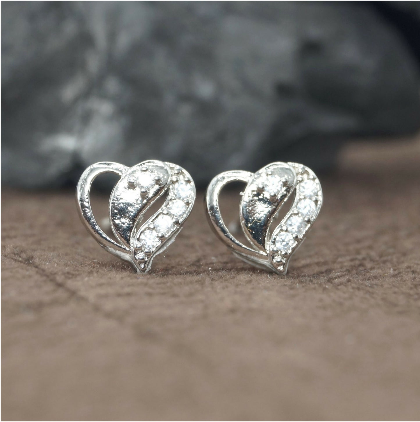 Sterling Silver Heart Stud Earrings with AD for women and girls
