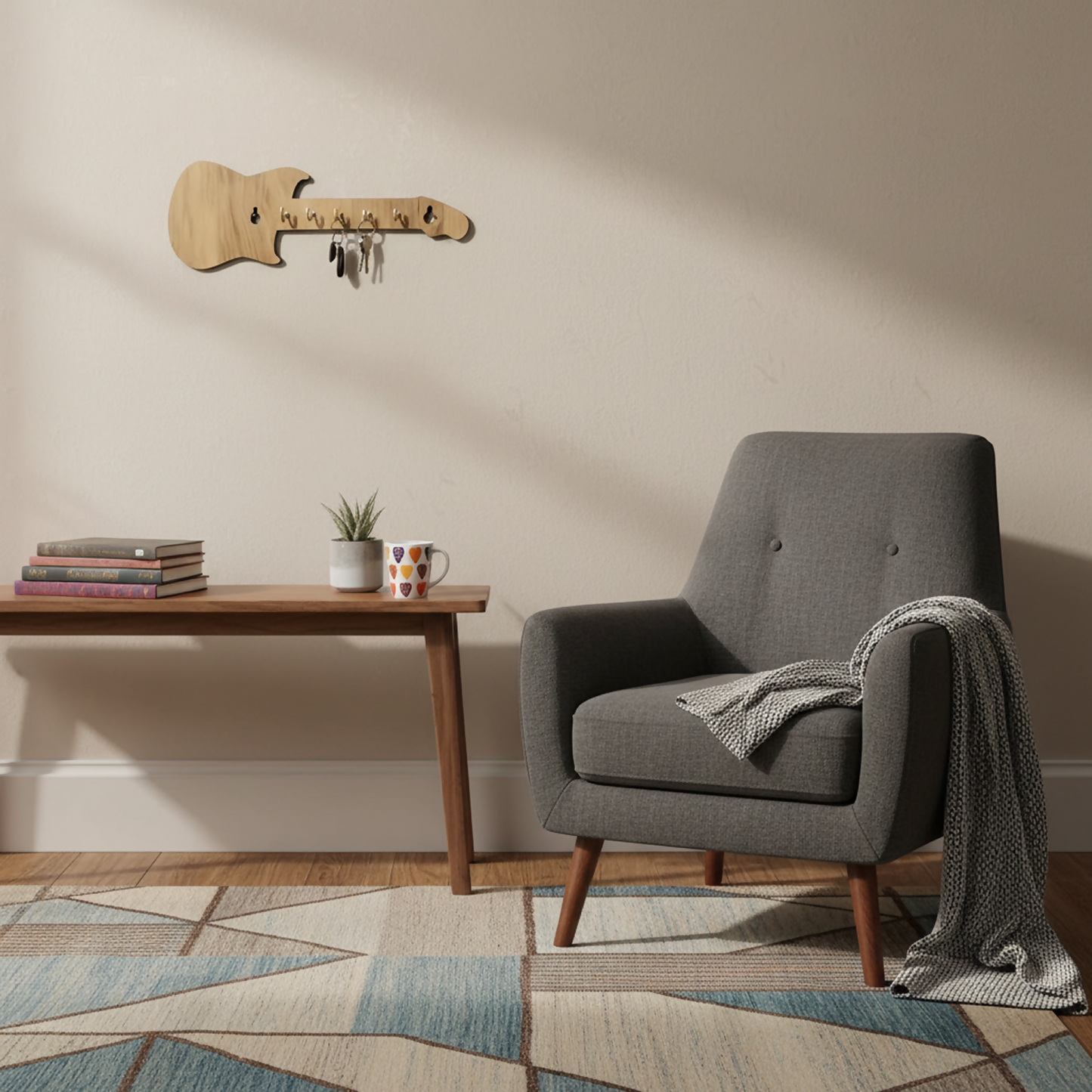 Decorative guitar-shaped wooden key rack mounted on wall