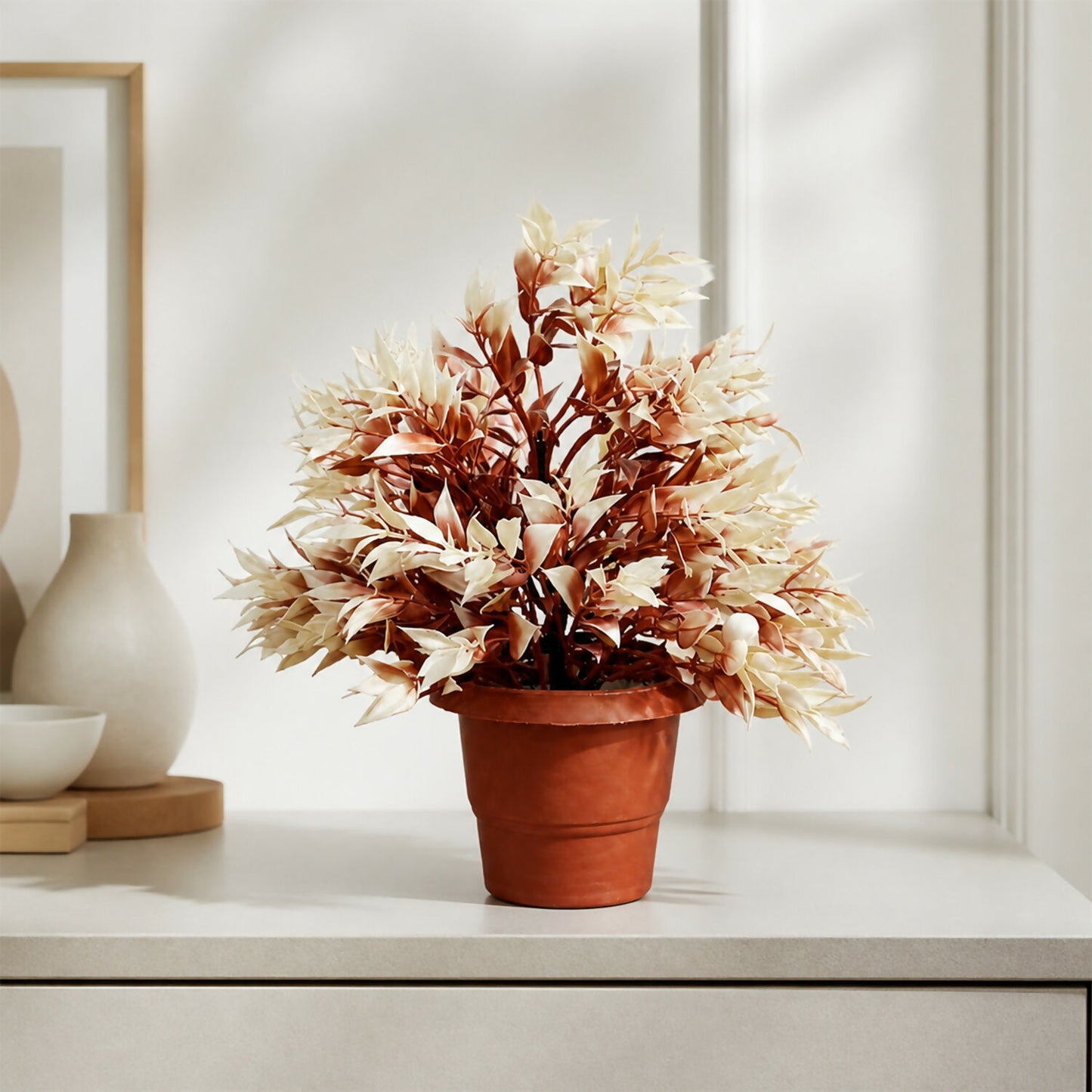 Artificial Brown Cream Bonsai Bushy Plant in Terracotta Pot for Home Office Decor