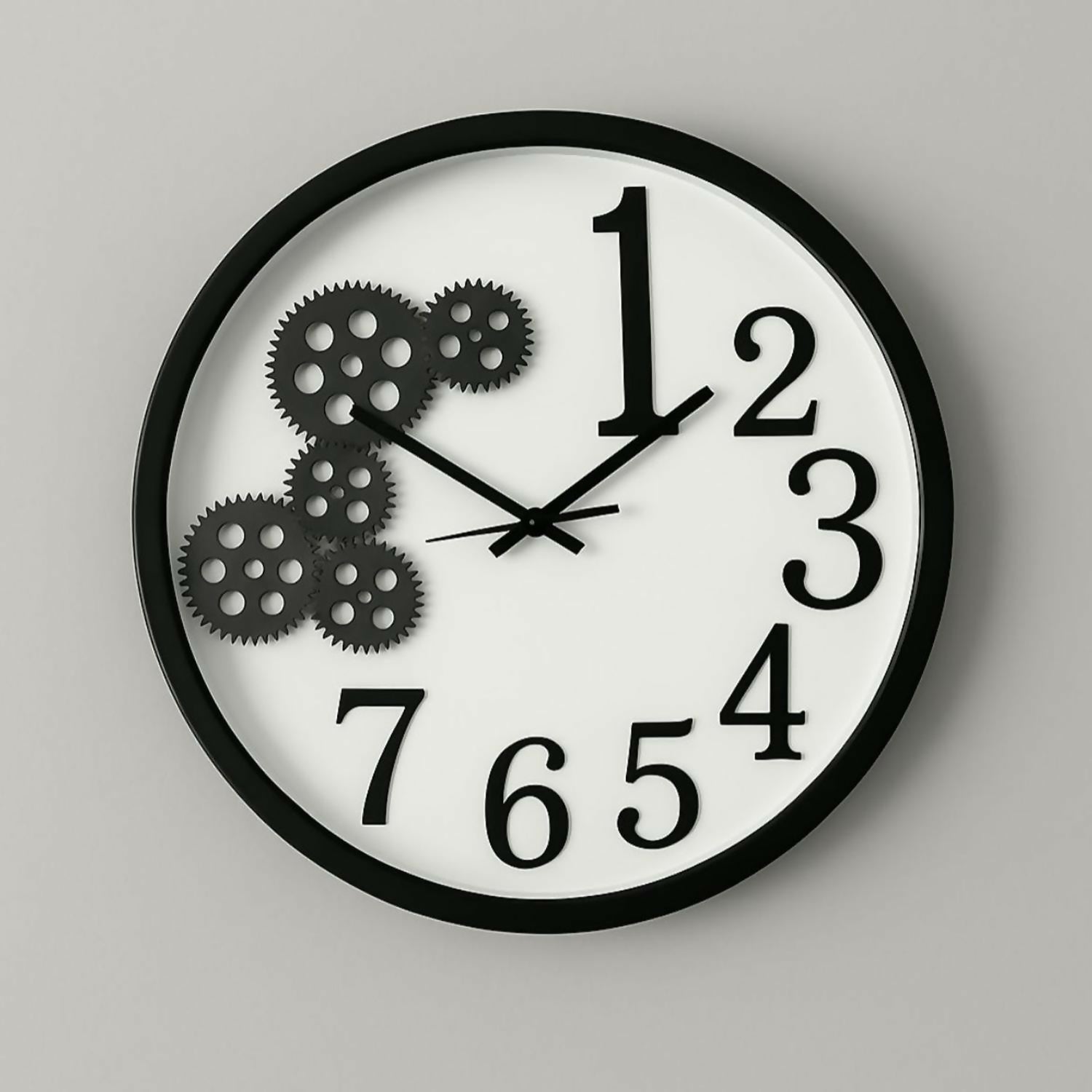 Modern Black & White Gear Design Wall Clock – 35 cm Large Decorative Round Analog Clock with Silent Quartz Movement, Stylish Number Pattern – Living Room, Bedroom & Office Wall Décor