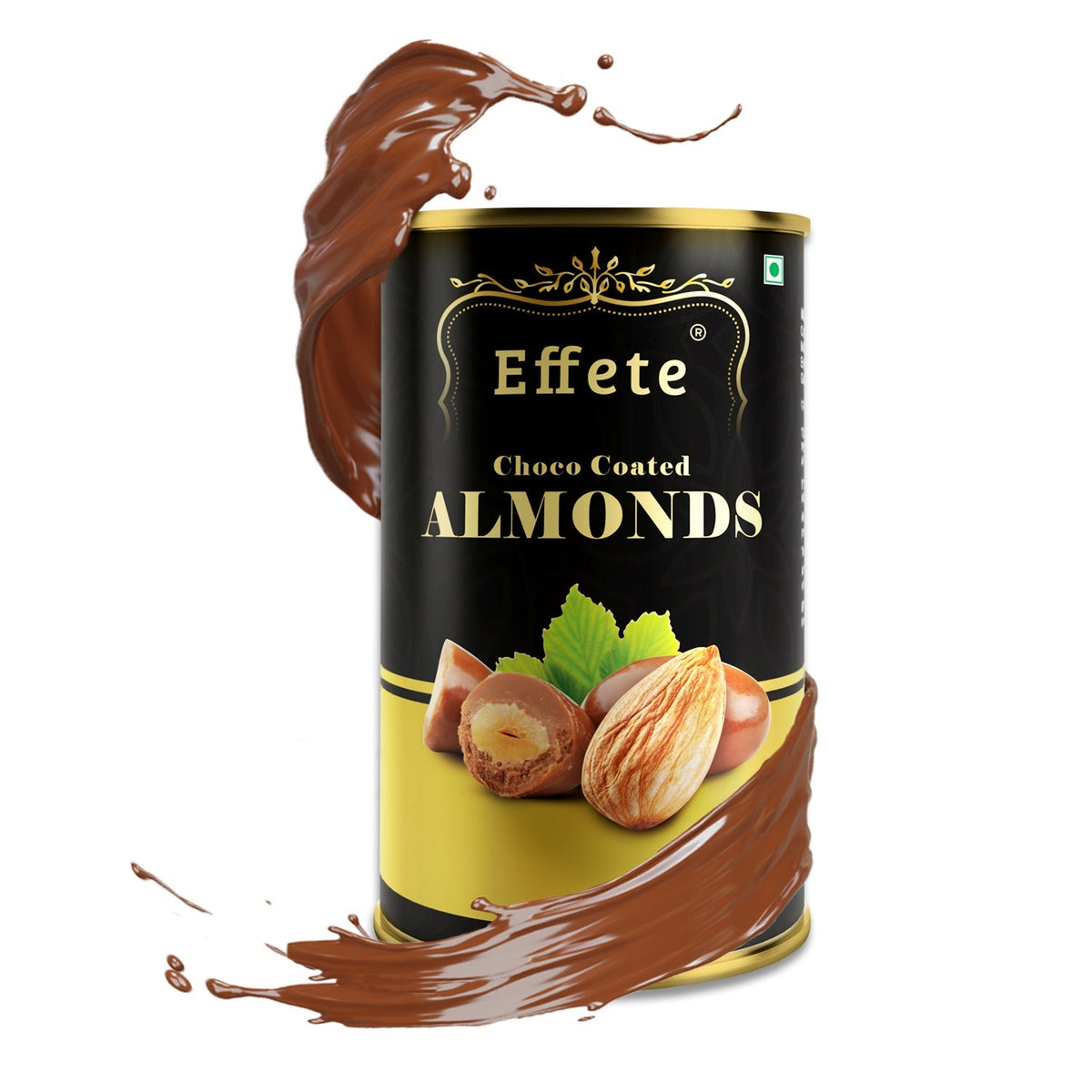 A black and gold Effete Choco Coated Almonds can is surrounded by splashes of rich brown chocolate liquid.