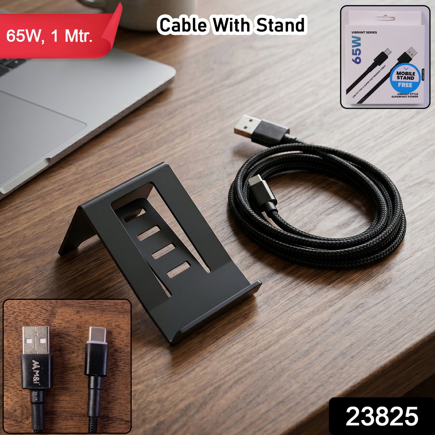 65W USB to Type-C Braided Charging Cable with Mobile Stand (1 Pc, 1 Mtr)