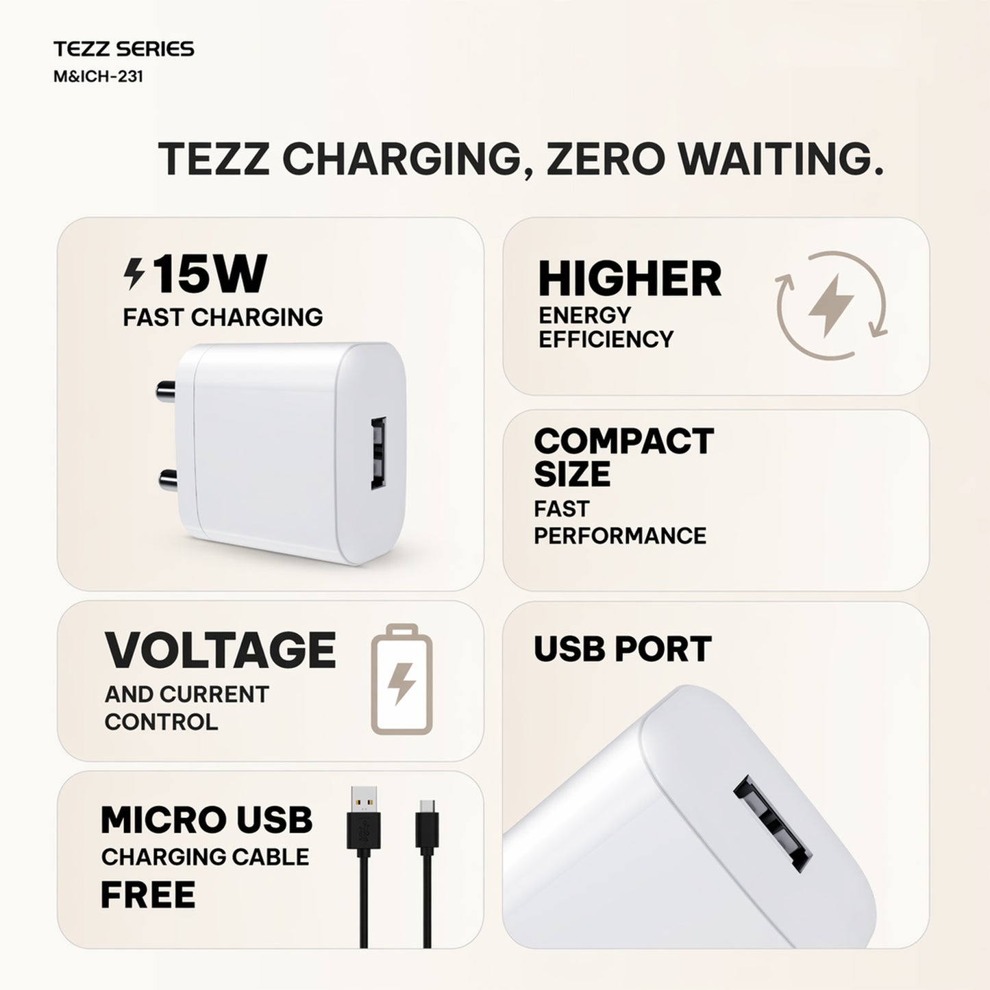 Tezz Series 15W Single USB Wall Charger with Micro USB Cable