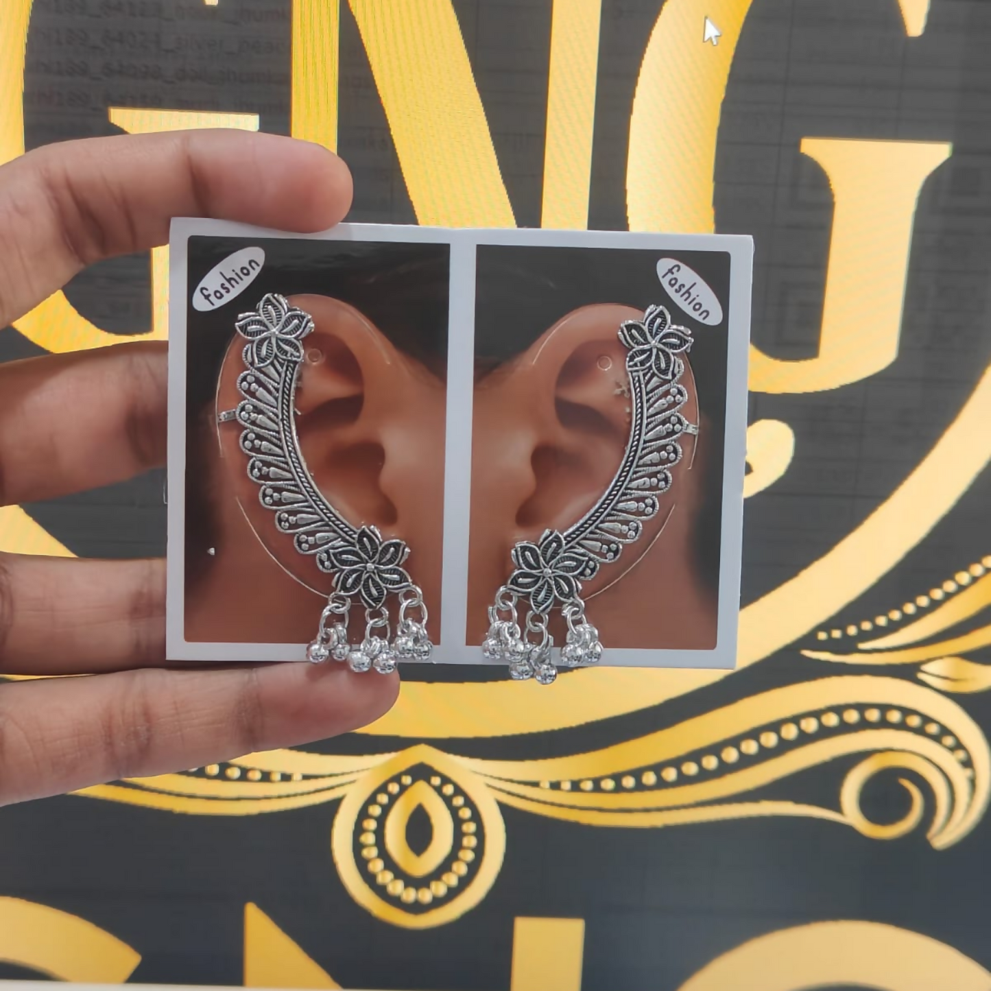 Elegant Oxidised Silver Ear Cuff Earrings with Ghungroo for Women