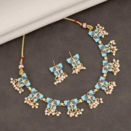 Gold-Plated Meenakari Butterfly Motif Necklace and Earring Set