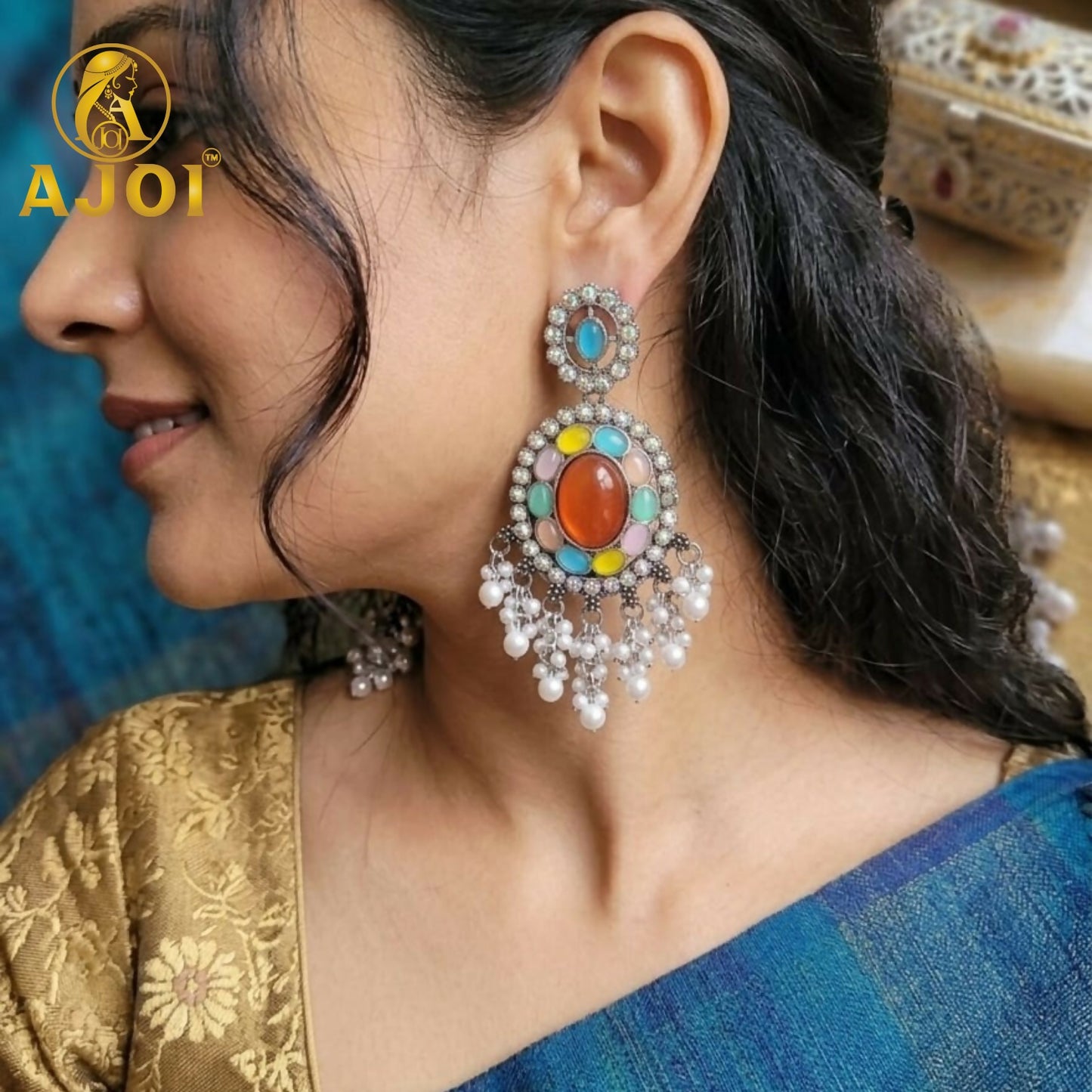 Oxidized Oval Earrings with Multicolor Stones & Pearl Tassel Drops