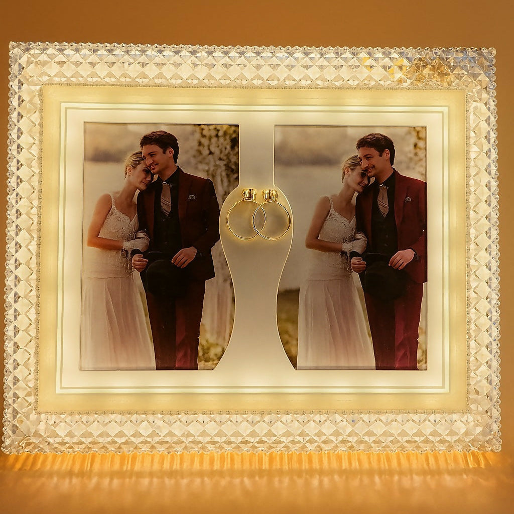 Side view of the luxury double LED wedding photo frame with glowing lights