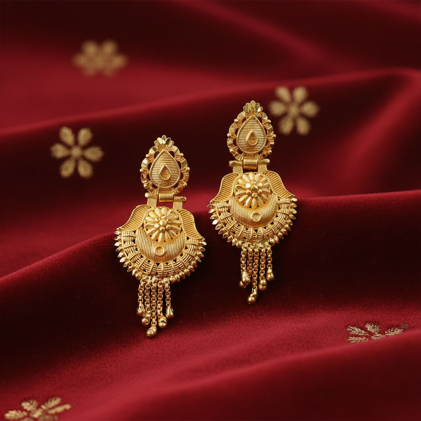 Handcrafted South Indian Heritage Gold Earrings with Intricate Leaf Motif and Classic Jhumka Dangles