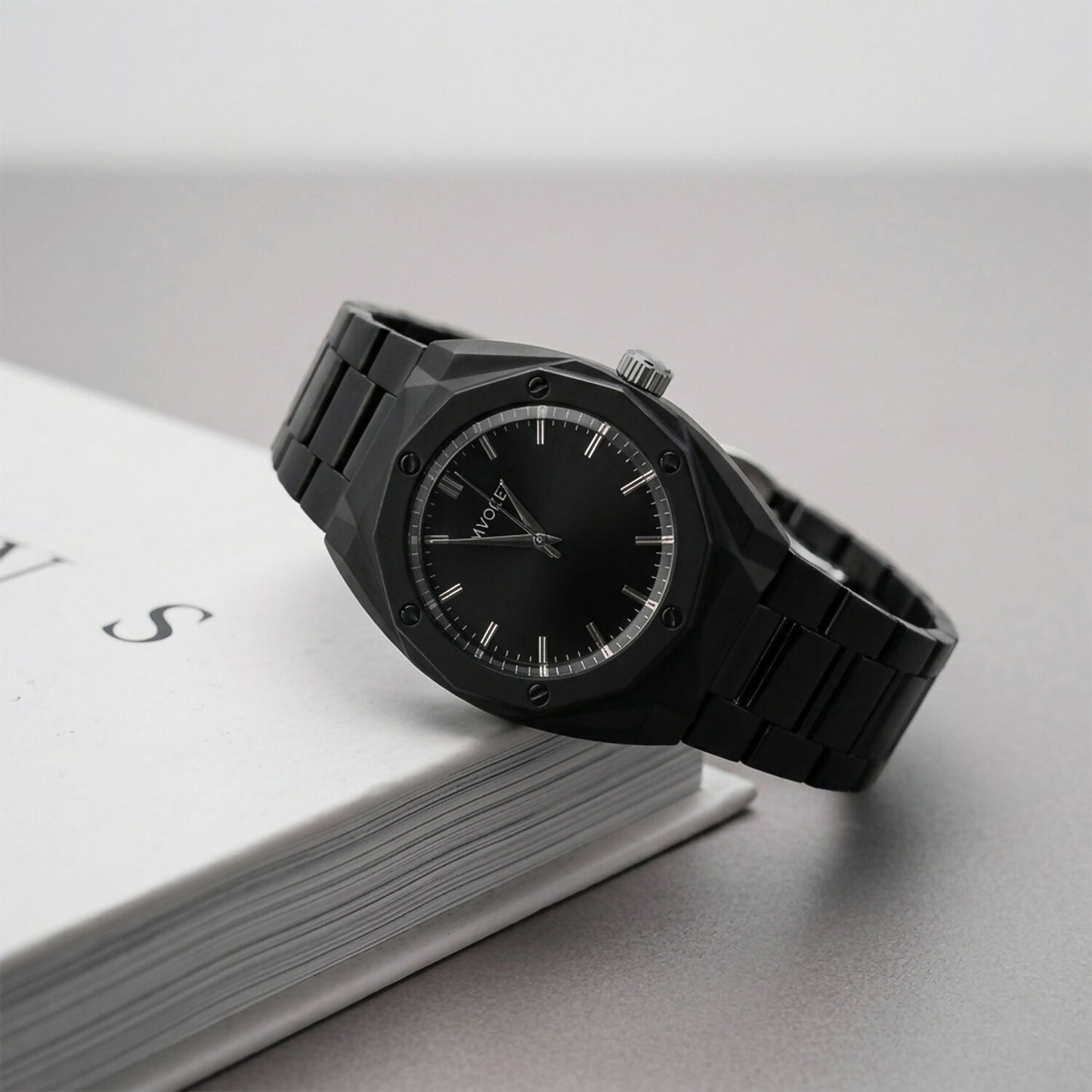 Luxury Matte Black Analog Watch with Geometric Dial Design & Metal Strap