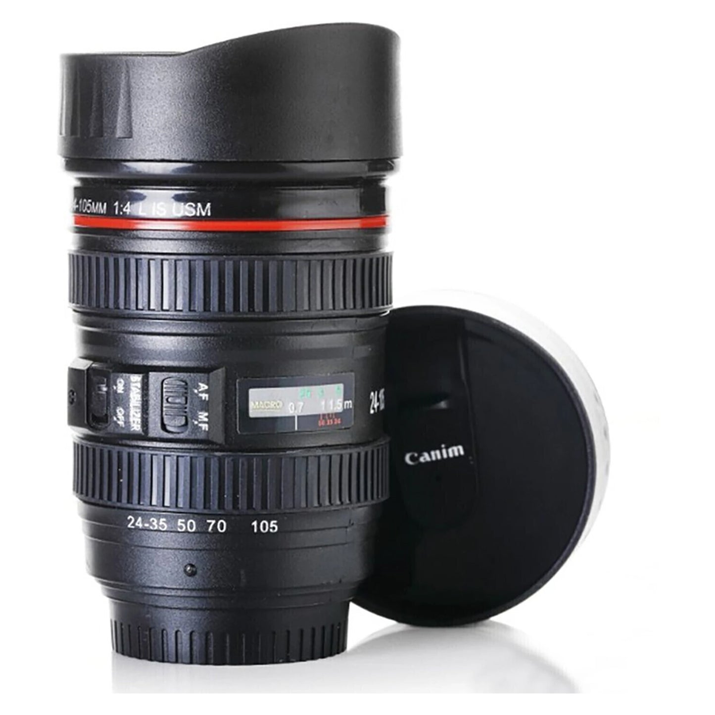 Side view of the camera lens coffee mug with its detailed exterior and secure lid.