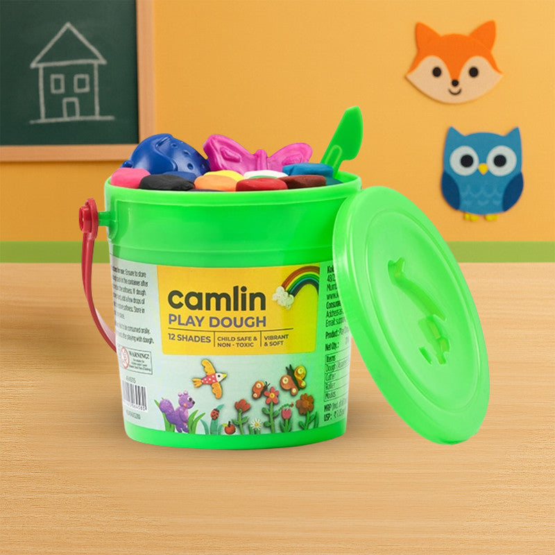 Camlin Play Dough – 12 Assorted Shades, Non-Toxic Soft Modelling Clay with Tools for Kids’ Creative Play – Bucket Pack