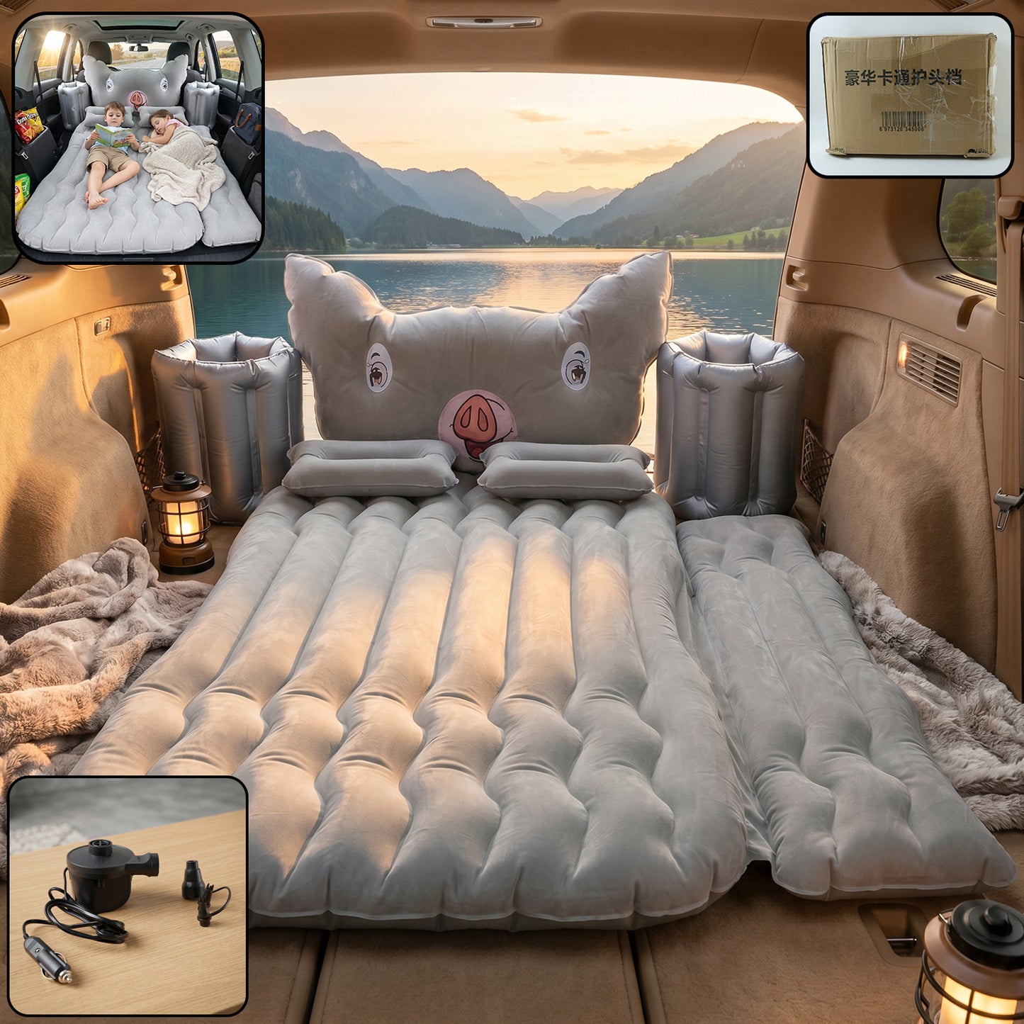 Portable inflatable car air mattress with pump and cushions
