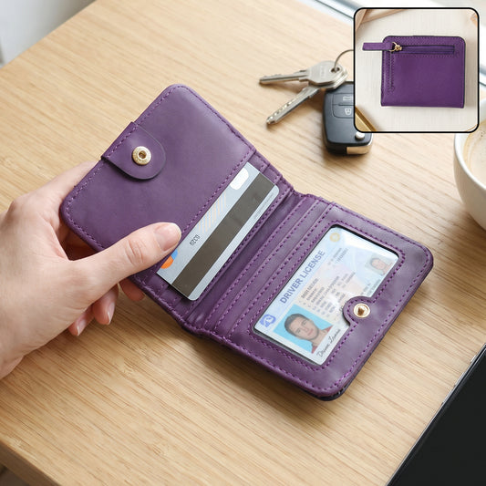 Compact PU leather bifold wallet with coin zip and card slots