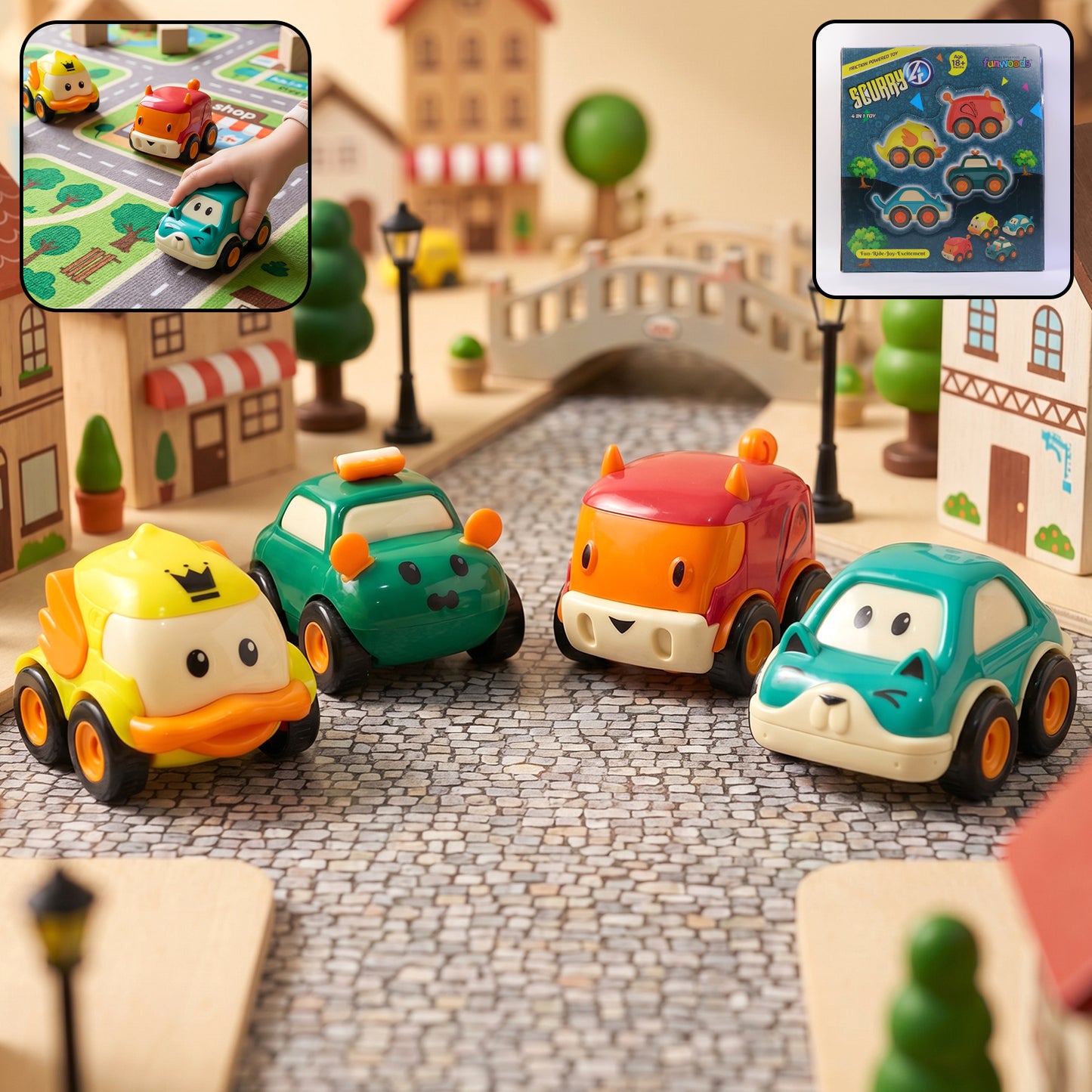 Funwoods Animal Cartoon Pull-Back Toy Car Set Pack 4 Pc