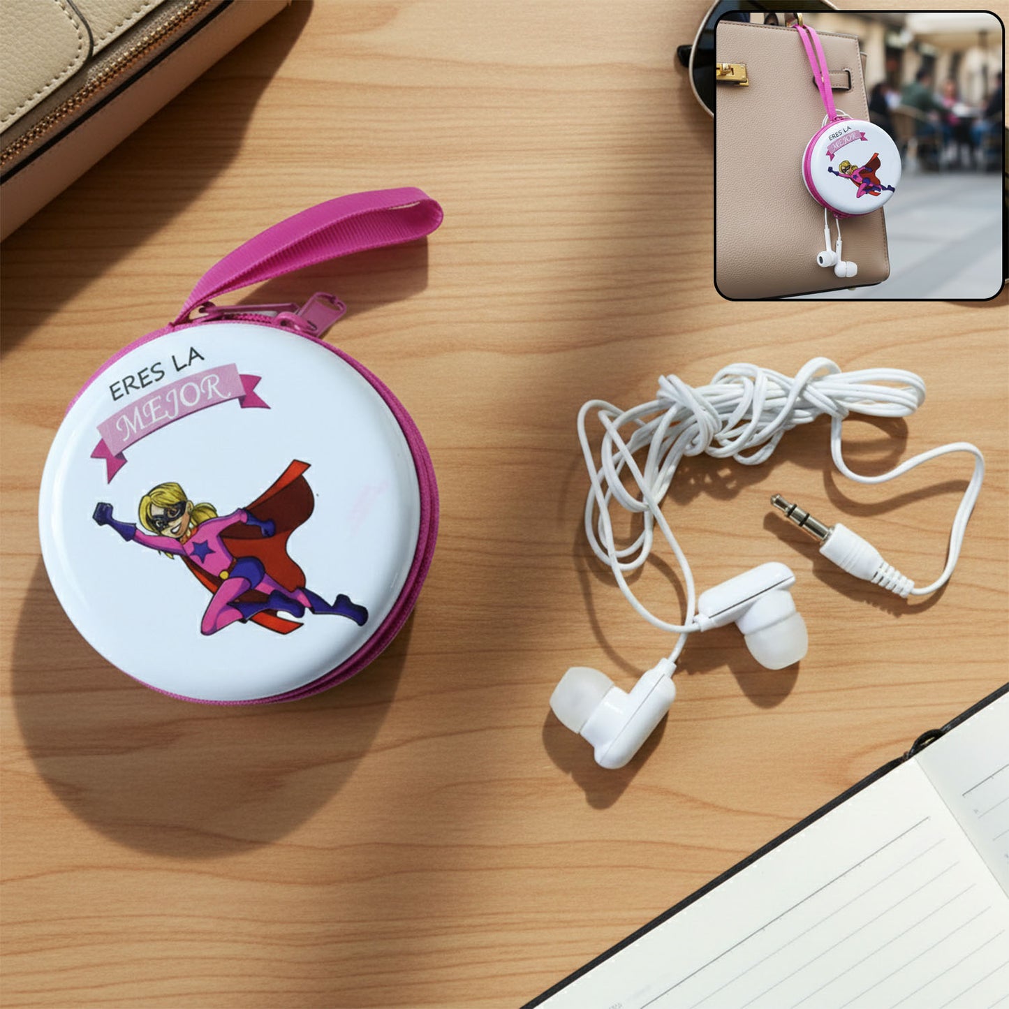 Portable round earphone carry case with wired earphones