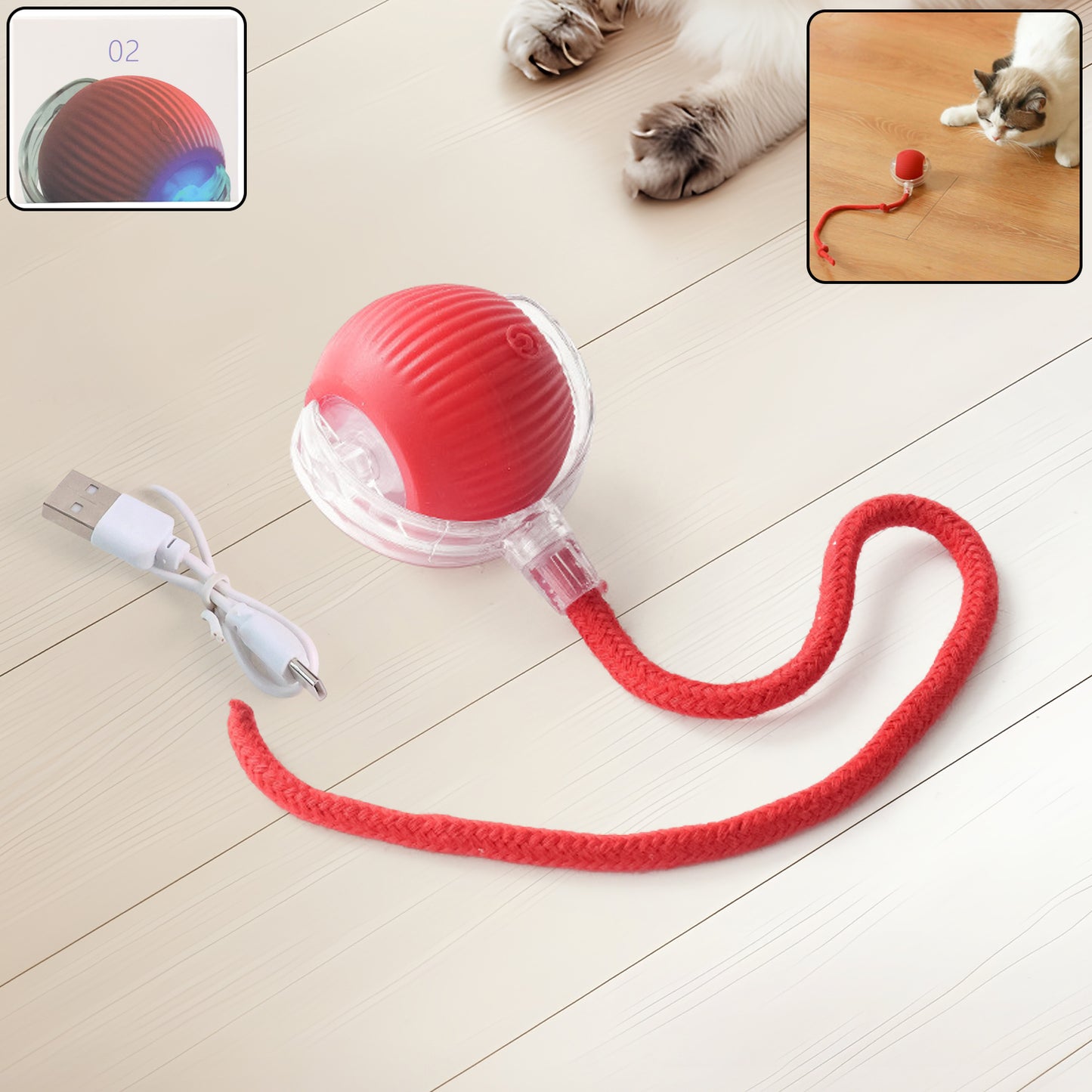Rechargeable Interactive Cat Toy Ball with Detachable Braided Tail and LED Light (1 Pc)