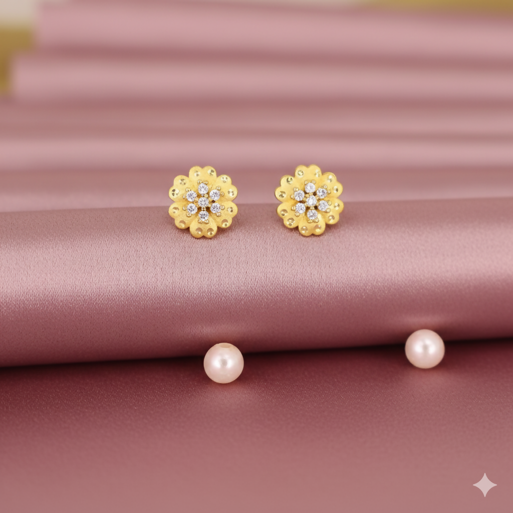 Gold plated floral stud earrings showcasing intricate flower design and sparkling CZ stones
