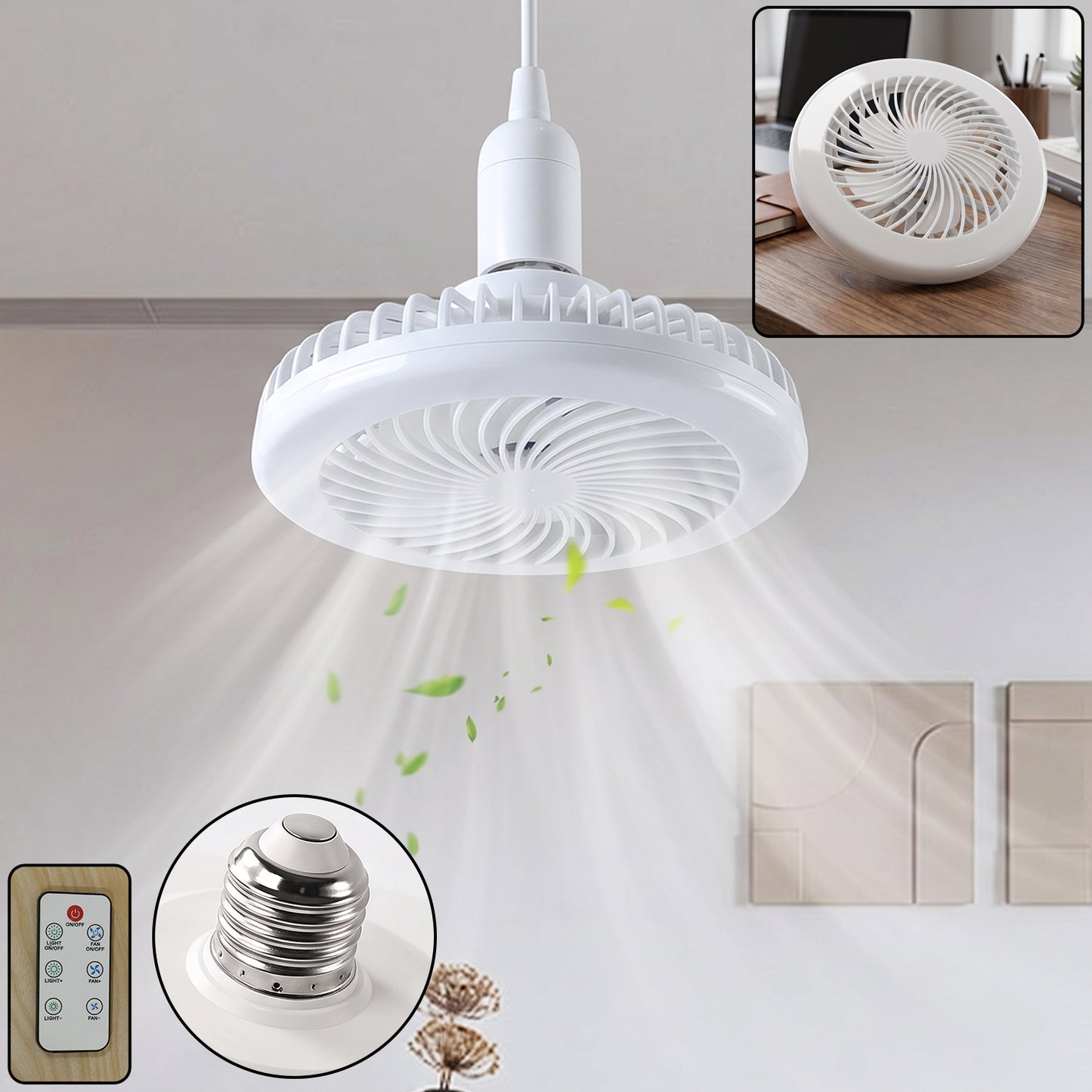 Remote Control Ceiling Fan with Light, E27 Socket LED Lamp Fan for Home (1 Set)
