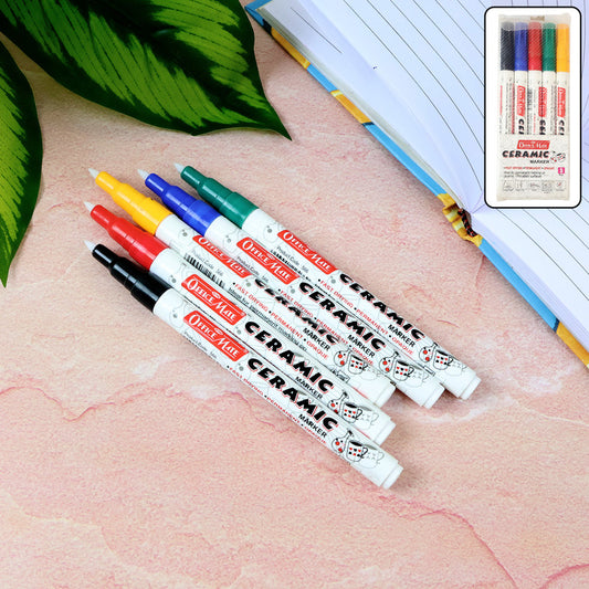 OfficeMate Fine Tip Ceramic Marker Set of 5 – Fast Drying, Permanent & Opaque Colors for Ceramic and Porcelain Surfaces