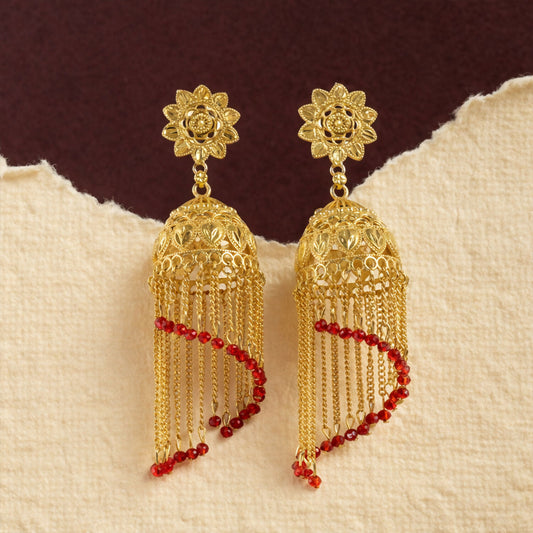 Traditional gold tone double jhumka earrings with floral stud