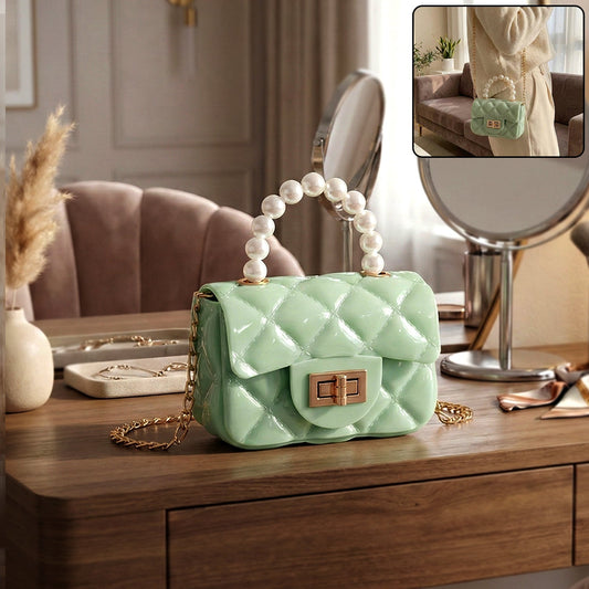 Elegant quilted mini handbag with pearl handle and chain strap
