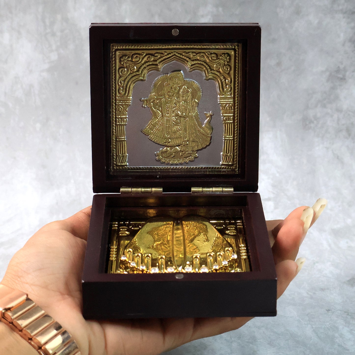 Golden Charan Paduka in Wooden Box – Spiritual Gift & Pooja Accessory