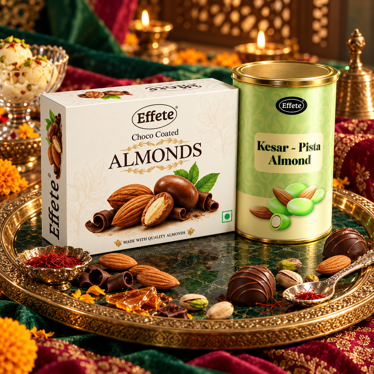 Effete Kesar Pista Almonds with Choco Coated Almonds for Premium Festive Snacking