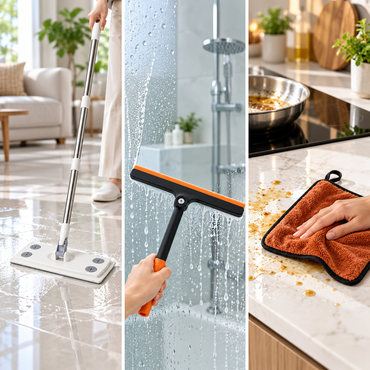 A three-panel collage shows a person mopping a floor, a hand using a squeegee on a shower door, and a hand wiping a kitchen