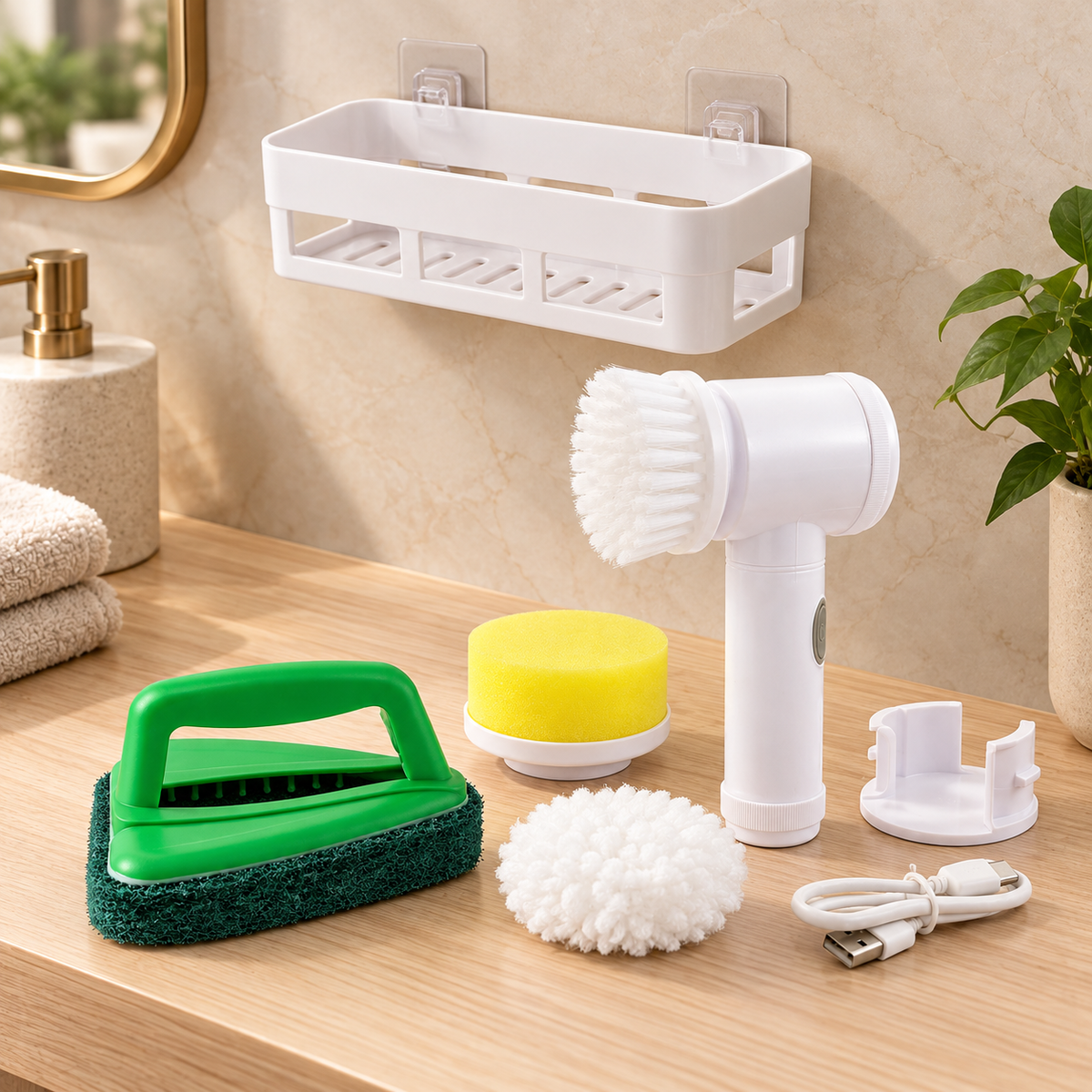 White electric brush, green scrub brush, yellow sponge, and white shelf on a light bathroom counter.