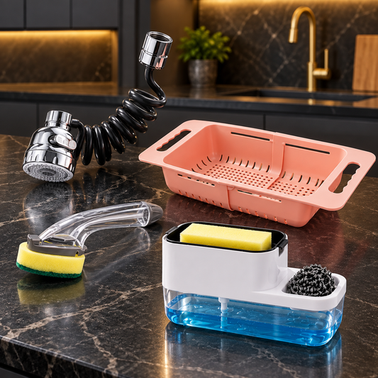 Kitchen Sink Utility Combo – Flexible Faucet Sprayer, Drain Basket, Soap Caddy & Dish Brush
