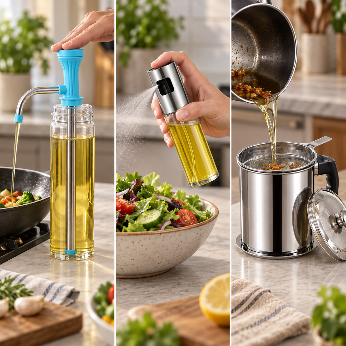 Kitchen Utility Combo – Manual Water Pump, Oil Dispenser Bottle & Stainless Steel Oil Strainer Pot