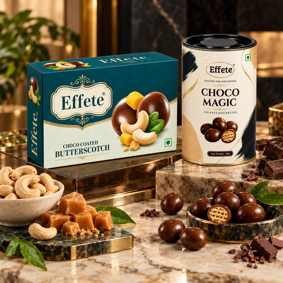 Effete Choco Magic Crispy Bites and Choco Coated Butterscotch Cashew Treats for Premium Snacking