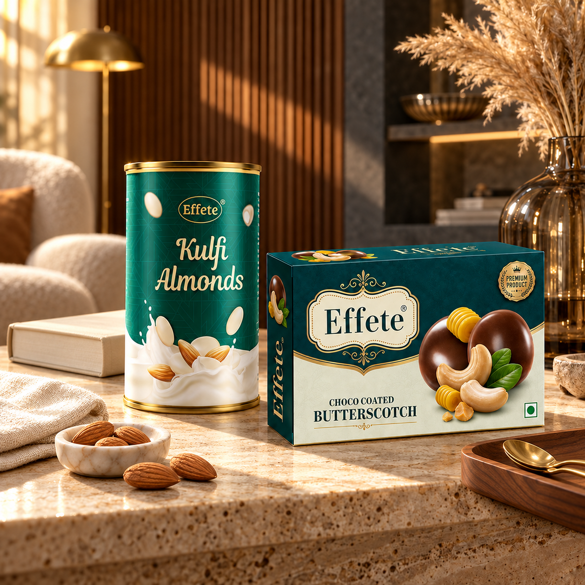 Effete Kulfi Flavoured Almonds with Choco Coated Butterscotch Treats for Festive Snacking