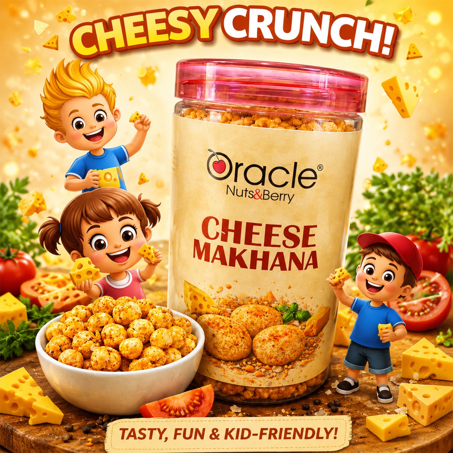 Snacks of crunchy cheese-flavoured fox nuts suitable for kids and adults
