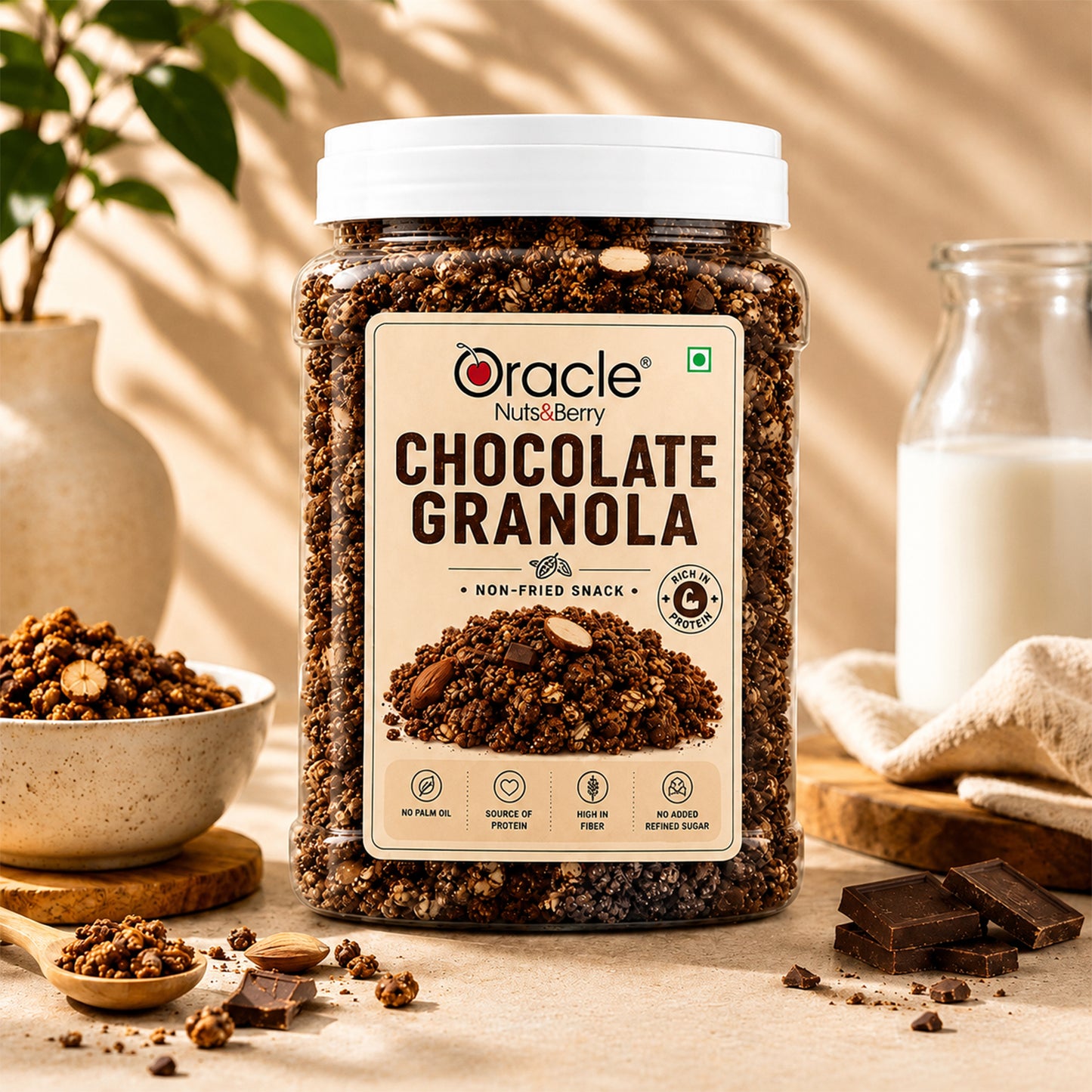 Oracle Choco Granola served in a bowl with milk and fruits