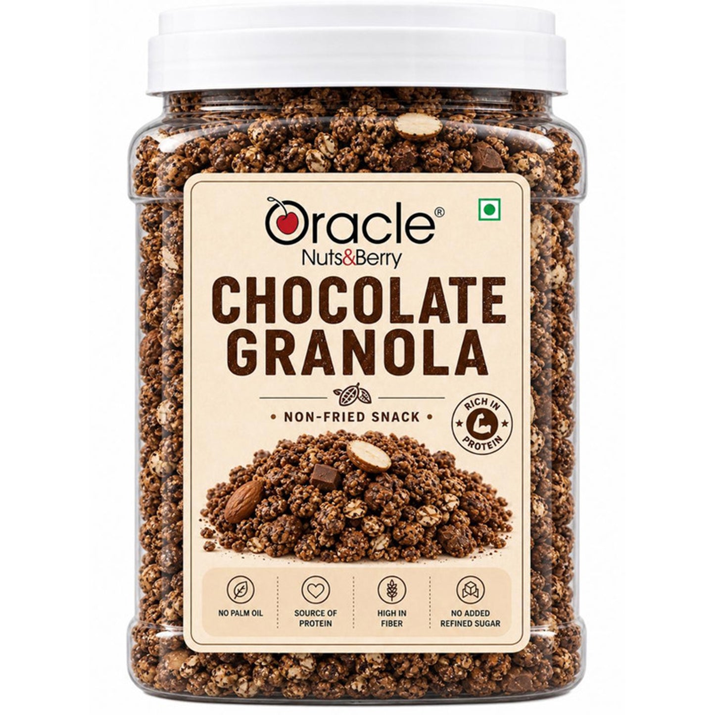 Golden baked oat clusters with chocolate, nuts, and seeds