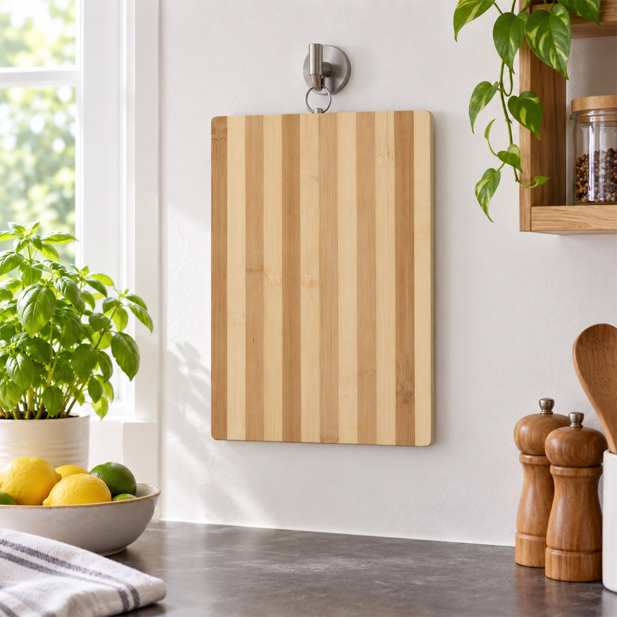 A striped bamboo cutting board hangs on a silver hook on a white kitchen wall, next to a window and potted plants.